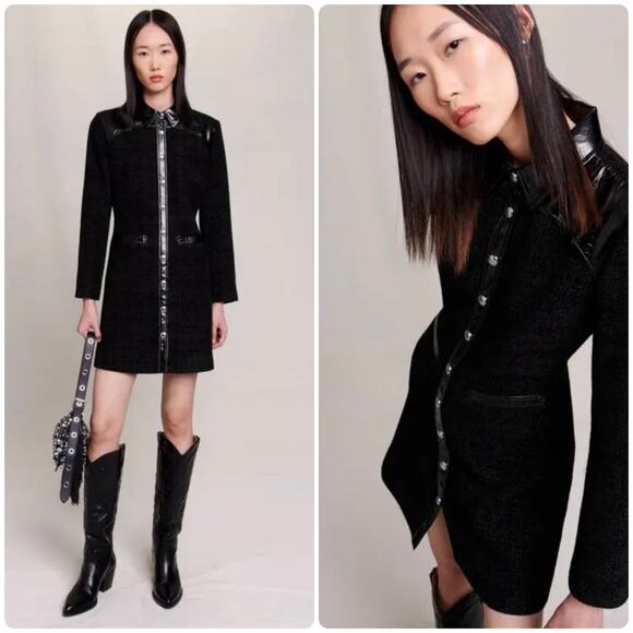 Maje Resun vinyl-panel long-sleeve tweed mini dress size 38 US 6 - Picture 1 of 11